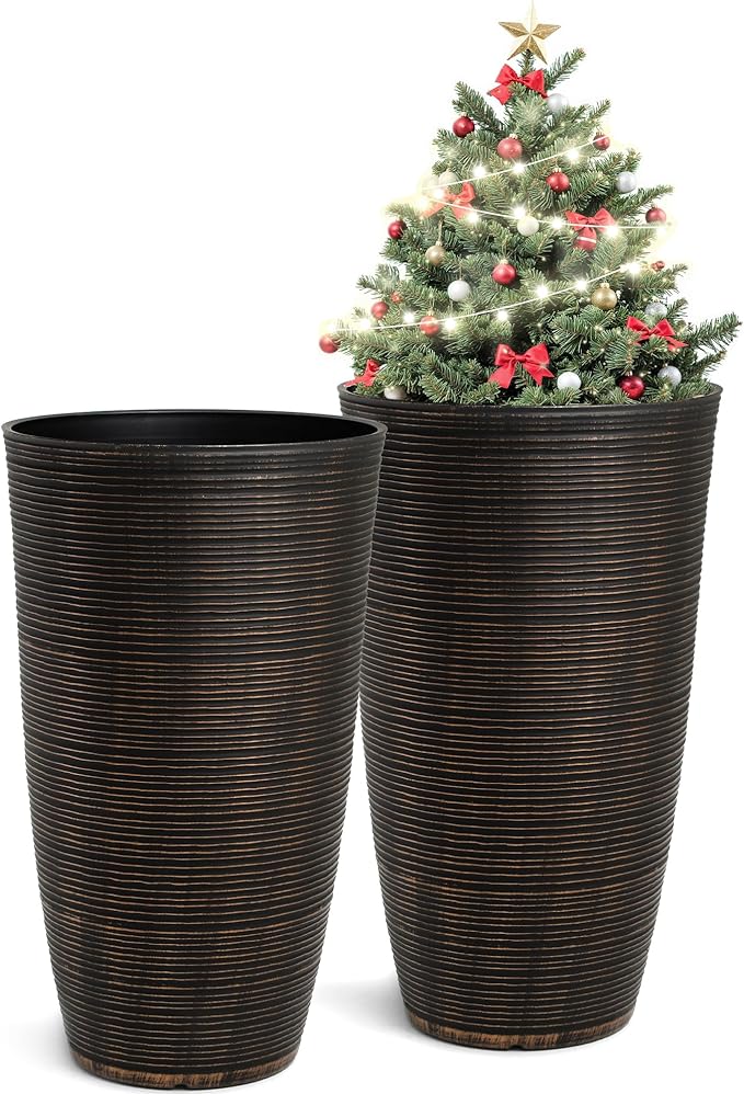 23.5" H Tall Planters, 2-Pack Taper Large Flower Pots for Indoor Outdoor Use, UV-Protect PP Plant Container for Garden Patio Yard Balcony Porch or Home Decor, Bronze Vertical Stripes Texture