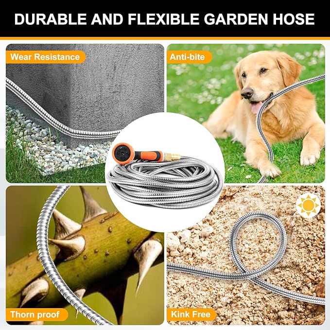 Metal Garden Hose 100 ft, Stainless Steel Water Hose 100ft with 10 Function Nozzle & 3/4 Copper Fitting, Heavy Duty & Flexible, Kink Free & Lightweight for Yard, Outdoor, Lawn, Patio & Car