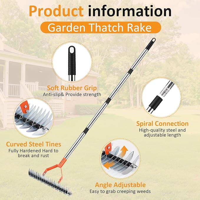 Thatch Rake -15 Inch Dethatcher Rake with Adjustable Handle, Efficient Steel Metal Gass Rakes with Handle,Heavy Duty Thatching Rakes for Lawn,Garden, Yard