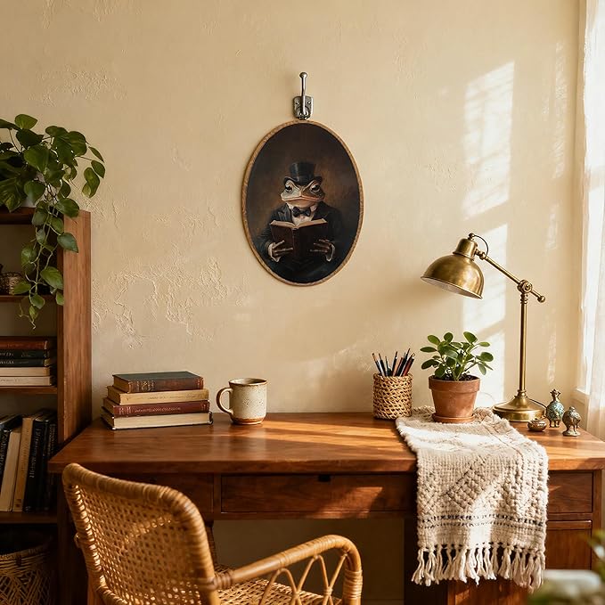 DEQSX Vintage Frog Oval Wall Art, Rustic Moody Dark Academia Whimsical Frog Reading Bookish Wall Decor Canvas Prints Posters for Home Library Reading Room, 8.6x11.4 Inches