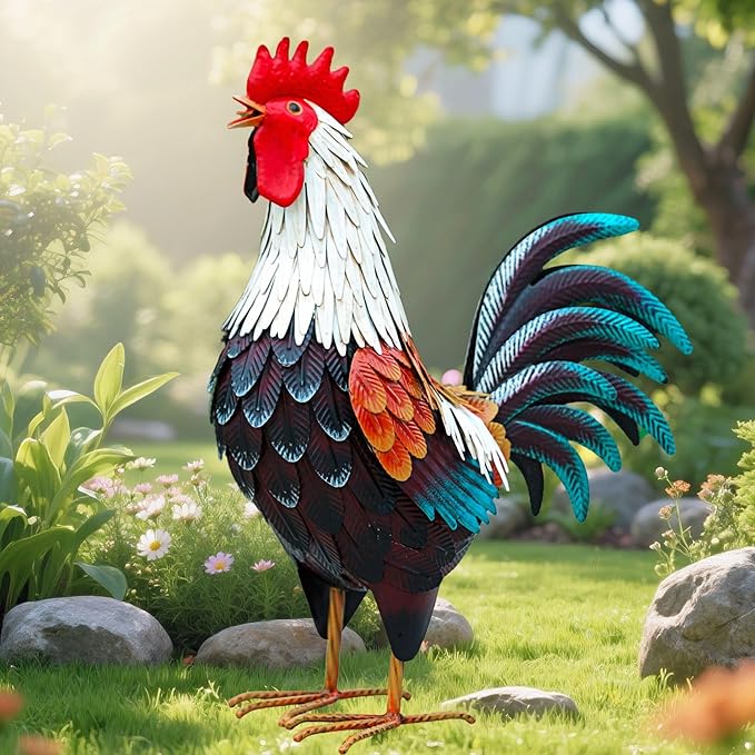 chisheen Metal Rooster Decor,Yard Chicken Decorations,Outdoor Garden Statues, Metal Chicken Sculpture for Backyard Patio Kitchen Decor & Lawn Ornaments