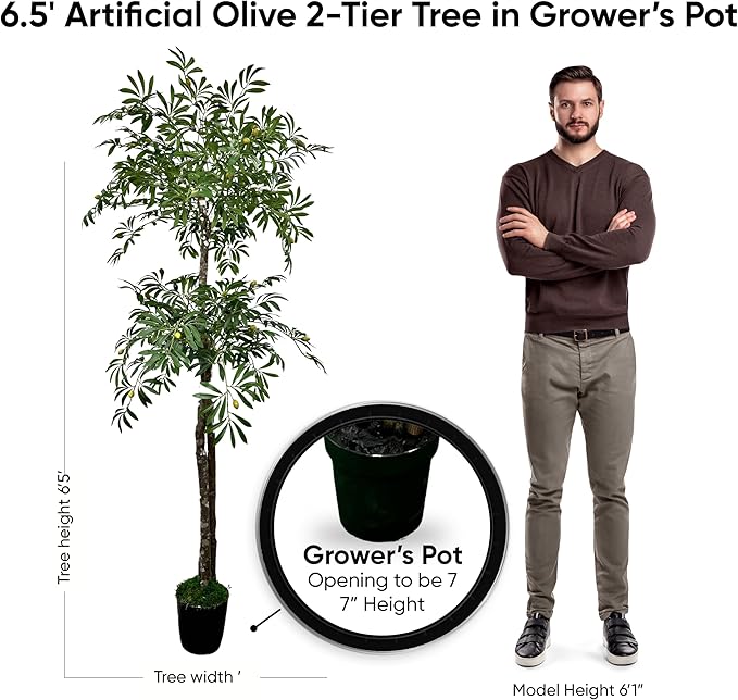 Cypress & Alabaster Handmade 6.5ft Artificial 2-Tier Olive Tree with Real Wood Trunks, Hypoallergenic, 6.5 Foot, Green