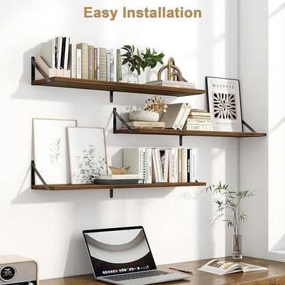 Fun Memories Long Wall Shelves for Bedroom, Set of 3 Large 40-Inch Floating Bookshelves, Rustic Wood Display Shelf for Home and Office (Walnut)