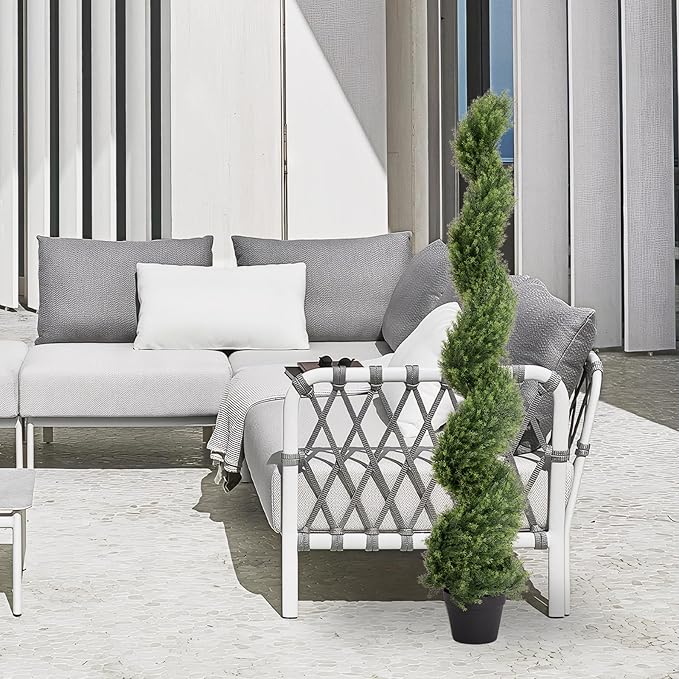 THE BLOOM TIMES 5ft Artificial Topiary Trees Set of 2, Faux Cedar Cypress Spiral Topiary Trees Outdoor - Fake Plants for Garden Front Porch Indoor Outside Planter Decor 5 Foot