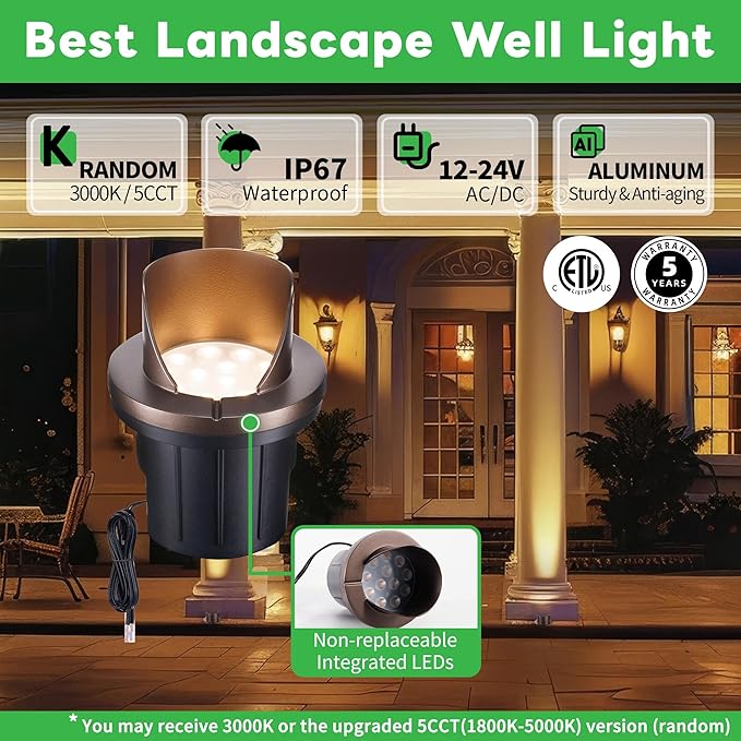 Well Lights Low Voltage, 12V In Ground LED Landscape Lights, IP67 Waterproof Outdoor, Hood Top Aluminum ORB for Tree 420LM, 12 Pack, Color Temp Random: 3000K or Upgraded 5CCT(1800–5000K)