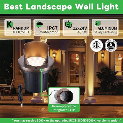 Ground Well Lights, Landscape LED Low Voltage Inground Lights, Outdoor Waterproof IP67, 12V Wired Half Sided ORB for Backyard Wall 420LM, 8 Pack, Color Temp Random: 3000K or Upgraded 5CCT