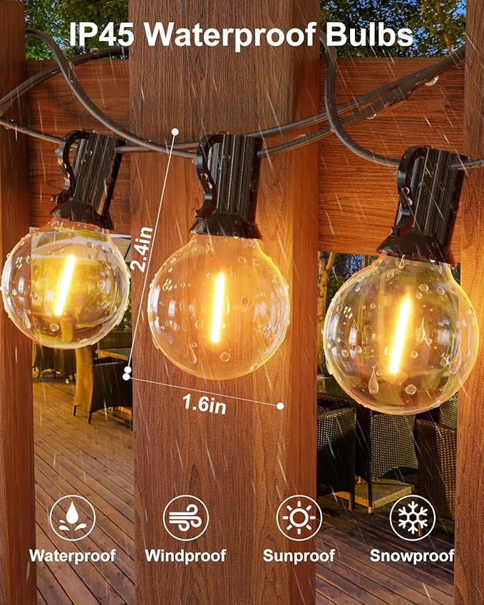 GLUROO 60FT Outdoor String Lights LED, Patio Lights with 32 Bulbs Waterproof, 2700K Warm White for Outside Backyard, Yard, Gazebo, Deck, Porch