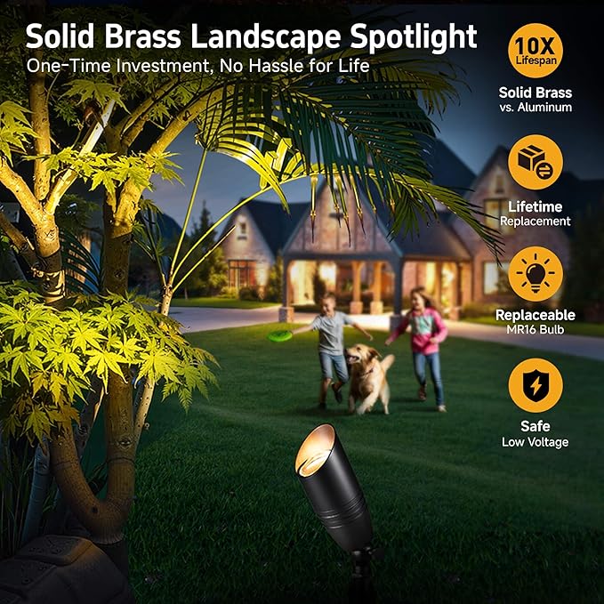 Gardenreet Spot Light Brass - Outdoor Landscape Spotlights LED, 12V Low Voltage Landscaping Uplights, Hard-Wired All Weather Black for Backyard Lawn with Day Light Changeable Bulbs (8 Pack)