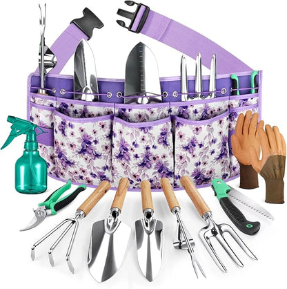 All-in-One Garden Tool Set with Tools Organizer Belt Adjustable, 10-Piece Gardening Hand Tools, Long Lasting Rust-Proof Premium Garden Tool Kit, Gardening Gift for Women Men (Purple)