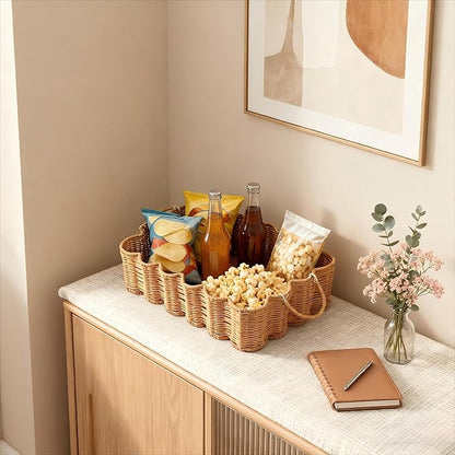 Scalloped Rattan Tray Basket,17"*12"*4" Super Hard Rectangle Hand Woven Wicker Serving Tray with Handles, Seagrass Decoratve Tray for Coffee Table (Rattan-Cream Color-17 * 12 * 4")