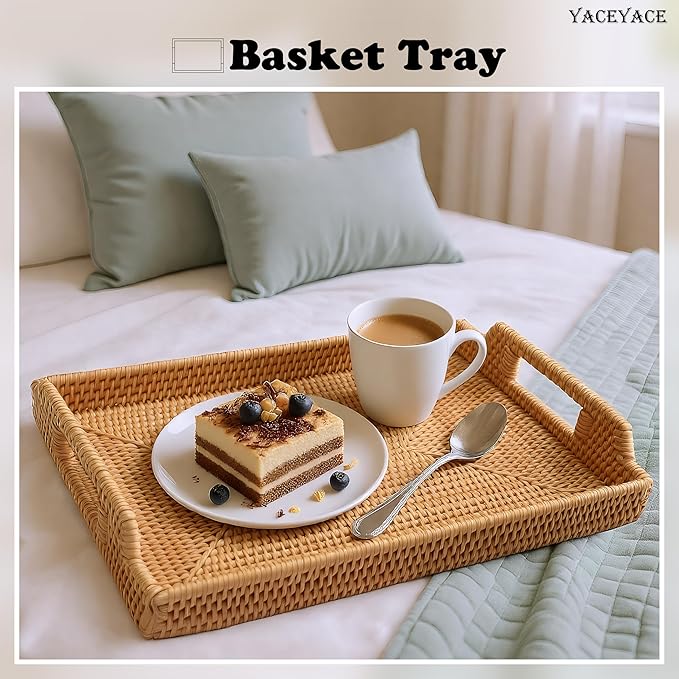 Rattan Tray Bulk, Rattan Serving Trays with Handles, Rectangular Basket, Hand Woven Tray for Home, Ottoman, Dining, 15" H x 11" L x 2" W