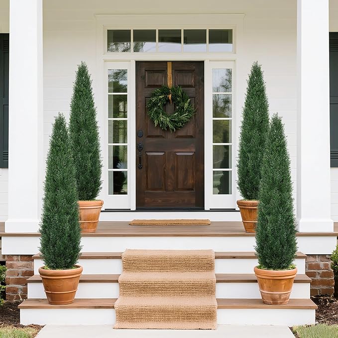 5FT Artificial Cedar Topiary Trees, 2 Pack UV Resistant Outdoor Indoor Faux Evergreen Shrubs, Potted Fake Cypress Plants for Front Porch Home Office Decor
