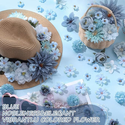 80 Pcs Assorted Fake Flower Heads Mini Artificial Flower Heads Bulk Silk Faux Daisy for Crafts Fake Peony Rose for Wedding Party Wreath Home Decoration(Blue)