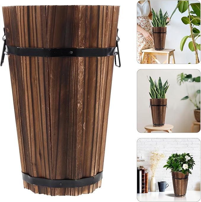 Retro Style Wooden Flowerpot Vintage Carbonized Small Planter Bucket for Garden Balcony Unique Rustic Plant Container