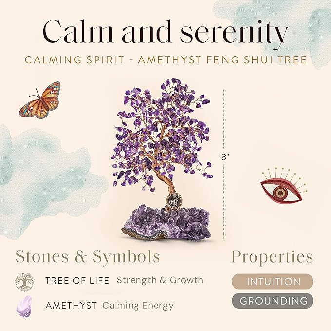 KARMA AND LUCK, Calming Spirit, Real Amethyst Crystal Feng Shui Tree of Life Home Decor, Wrapped in Copper on Crystal Base, 8"