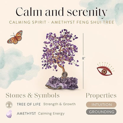 KARMA AND LUCK, Calming Spirit, Real Amethyst Crystal Feng Shui Tree of Life Home Decor, Wrapped in Copper on Crystal Base, 8"