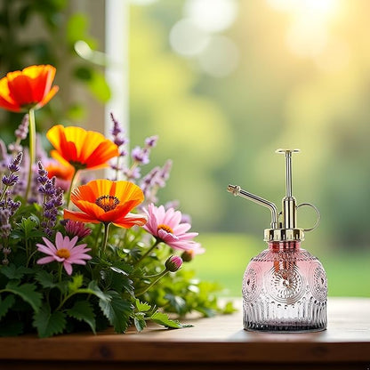 Glass Plant Mister Spray Bottle, 230ML Vintage Plant Spritzer, Succulent Watering Bottle Glass with Top Pump, Small Plants Sprayer Watering Can for Indoor Outdoor House(Red Gray)