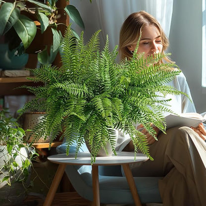 4PCS Artificial Boston Fern Fake Ferns Hanging Plant UV Resistant Inoor Outdoor Faux Shrubs 20Inch Large Faux Ferns Greenery Stems for Home Office Garden Decoration