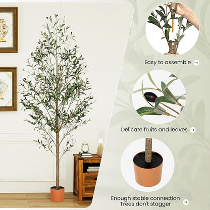 7FT Artificial Olive Tree Indoor Tall Realistic Faux Olive Tree with Plastic Planter, Fake Silk Tree with Handcrafted Branches & Fruits, Large Fake Plant for Home and Office Decor