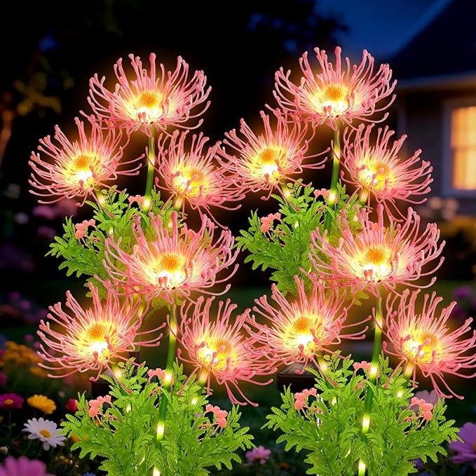 Solar Garden Flower Lights Outdoor,4 Pack 12-Head Pink Spider Lily Waterproof with Glowing Stems,Elegant Yard & Patio Decor,Ideal Valentine's,Thanksgiving & Gardening Gifts for Women,mothers & Grandma