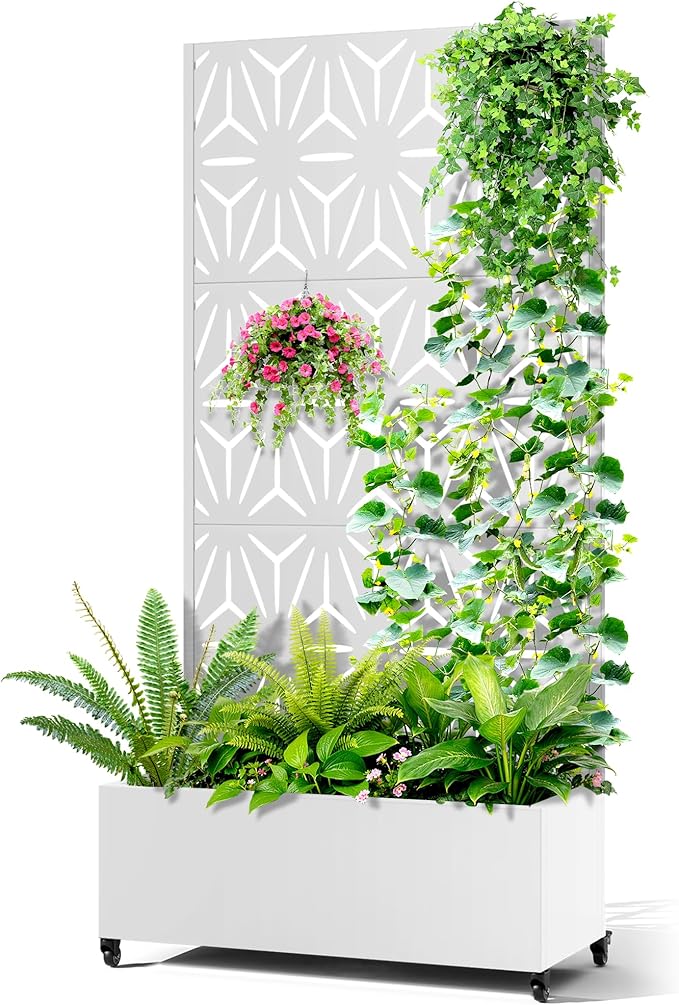 Metal Raised Garden Bed with Trellis, 2-in-1 Planter Box & Privacy Screen for Climbing Plants, Outdoor Standing Flower Bed with Drainage Holes, 35.4" L x 15.7" W x 70.1" H, White-Star