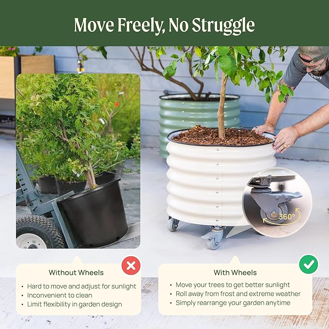 Rolling Metal Citrus Tree Planter Pot, 24″ Round Planter Box for Porch Patio & Backyard, 30 Gallon Large Planter Pot with Wheels for Growing Trees Tomatoes Vegetables and Flowers, Pearl White
