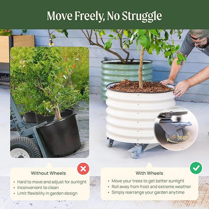 Rolling Metal Citrus Tree Planter Pot, 24″ Round Planter Box for Porch Patio & Backyard, 30 Gallon Large Planter Pot with Wheels for Growing Trees Tomatoes Vegetables and Flowers, Pearl White