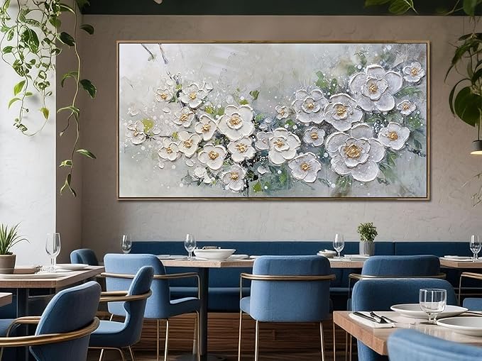 Brushart Large White Flower Wall Art Textured Floral Canvas Wall Art Decor Pictures Paintings Artwork for Living Room Dining Room Bedroom Home Office, Framed 58"x29"