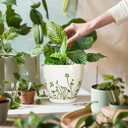 Ceramic Planters for Indoor Plants - 10+8+6 Inch Plant Pots with Drainage Holes and Saucers, Decorative Boho Round Outdoor Planters, Garden Decor, Gardening Gifts for Women Men, Set of 3, White