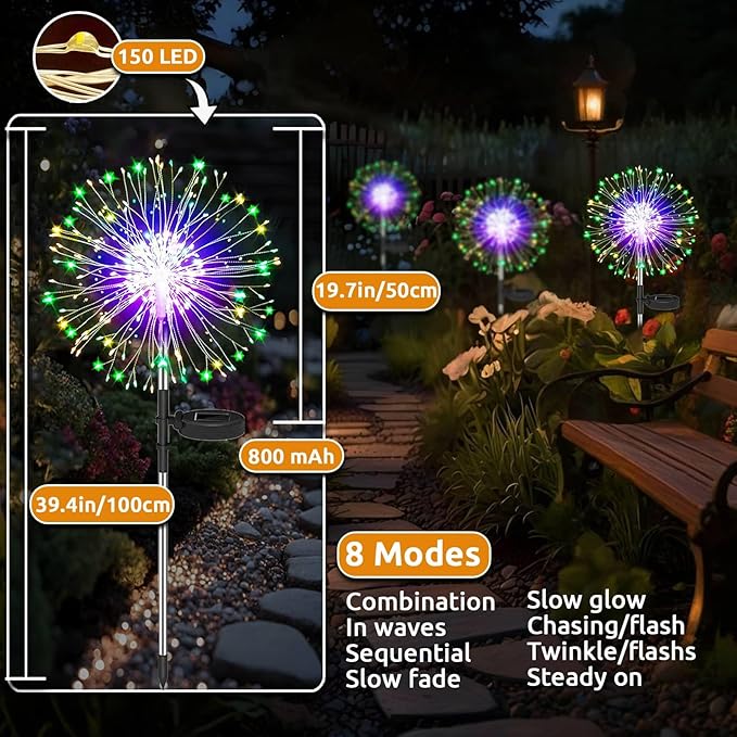 Redefun Solar Fireworks Lights 2 Pack 120 LEDs Solar Garden Outdoor Lights, 8 Modes Tall Sparkler Yard Light Waterproof Dandelion String Light for Outside Patio Pathway Decorations - Multicolor