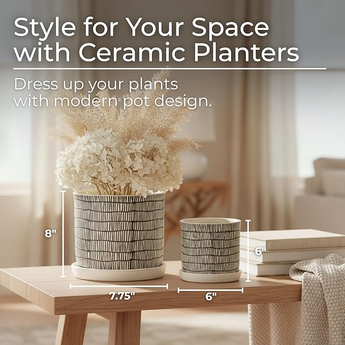 Set of 2 Geometric Decorative Ceramic Planter Pots with Saucer – Stoneware Outdoor & Indoor Plant Pots with Drainage – Modern Garden & Home Decor Ceramic Planters – 6" & 8", Ivory