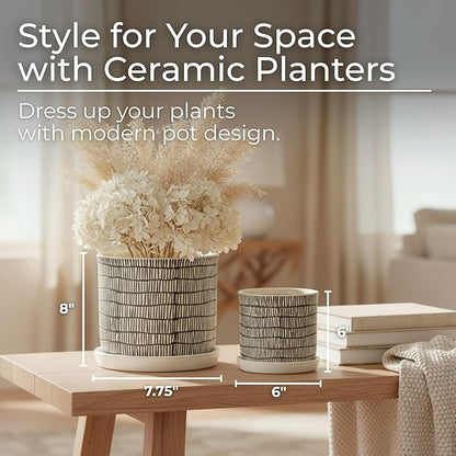 Set of 2 Geometric Decorative Ceramic Planter Pots with Saucer – Stoneware Outdoor & Indoor Plant Pots with Drainage – Modern Garden & Home Decor Ceramic Planters – 6" & 8", Ivory