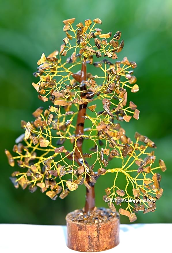 GEMSCITE Tiger Eye Crystal Tree with Golden Wire – Handcrafted Feng Shui Gemstone Bonsai for Energy & Protection