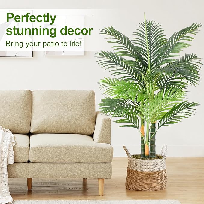 Triple Golden Cane Palm Artificial Tree 4ft Tall Large Faux Tropical Palm Tree UV Resistant Fake Plant in Pot for Indoor Outdoor Big House Living Room Patio Office Home Outside Decor 2Pack