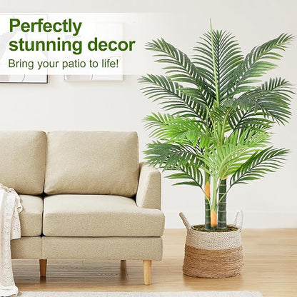 Triple Golden Cane Palm Artificial Tree 4ft Tall Large Faux Tropical Palm Tree UV Resistant Fake Plant in Pot for Indoor Outdoor Big House Living Room Patio Office Home Outside Decor 2Pack