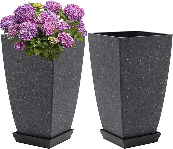 Set of 2 Tall Planter, 21 inch Large Plastic Planter with Drain Hole & Saucers, Large Outdoor Planters for Porch, Garden, Patio, Balcony(Lead Gray)