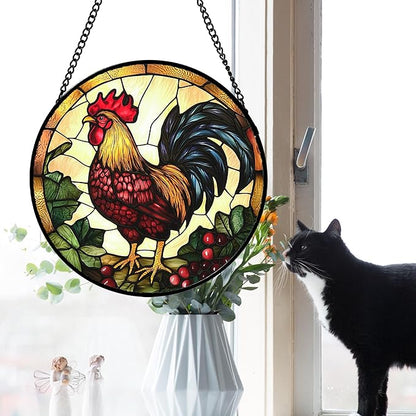 Stained Glass Window Hanging, Colorful Big Cock Sun Catcher for Window Door Home Decor, Chicken Suncatcher Christmas Mother's Day Birthday Gifts for Women Men Mom and Nana 6.3 in