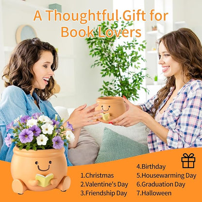 Book Lover Gift Set- Cute Reading Planter Pot with 5 Heart Leather Bookmarks & Quote Card, Cozy Desk Decor for Teacher, Librarian, Women, Mom, Friend, Colleague