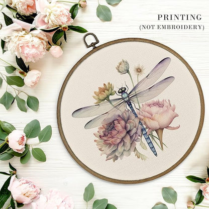 MAQIKA Dragonfly Flower Framed Wall Art Decor, Dragonfly Wall Art, Boho Botanical Round Wall Hanging Decor, Vintage Dragonflies Canvas Prints Wall Art for Farmhouse Wall Sculptures Bedroom,10x10 Inch