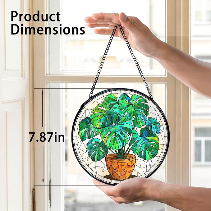 TNUW Monstera Plant Stained Glass Window Hanging, Monstera Leaf Decor Sun Catchers Indoor Window Glass Round Wall Art Decor, Plant Lovers Gifts Wall Hanging Decorations, 7.9＂x7.9＂Green Patio，Lawn,