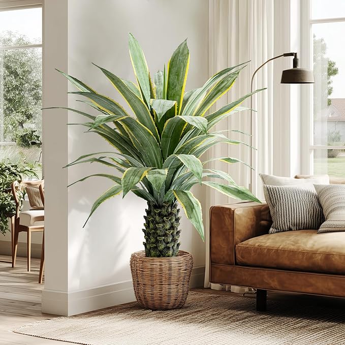 Artificial Agave Plant Potted Plants for Indoor Outdoor Fake Agave Tree in Pot Realistic Faux Tree with 42 Leaves for Home Living Room Office Garden Front Porch Patio Decor (51inch-1 Pc Potted Yellow)