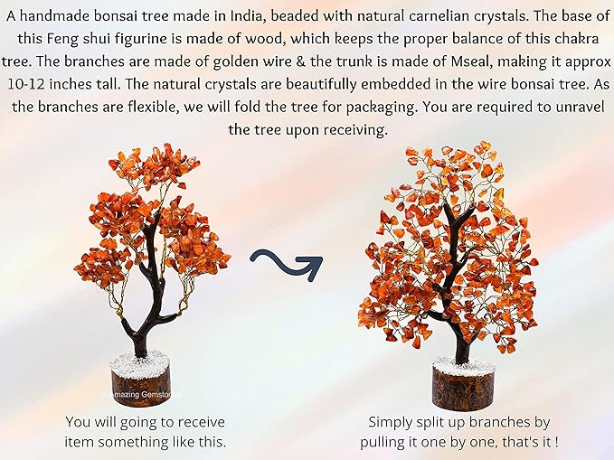 Amazing Gemstone Carnelian Natural Healing Crystal Bonsai Feng Shui Fortune Money Tree of Life for Home Office Decor, 10-12 Inch