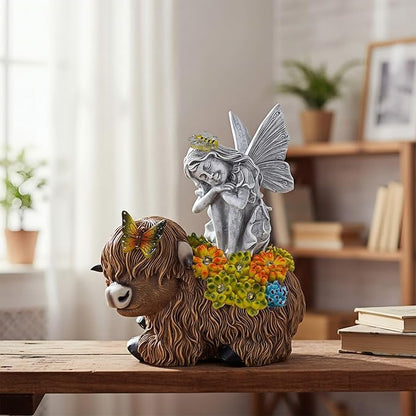 Angel Garden Decor Statue Solar Angel Sitting on Highland Cow Succulent Butterfly Bee LED Lights Outdoor Decorations for Yard Patio Housewarming Gift for Mom Women