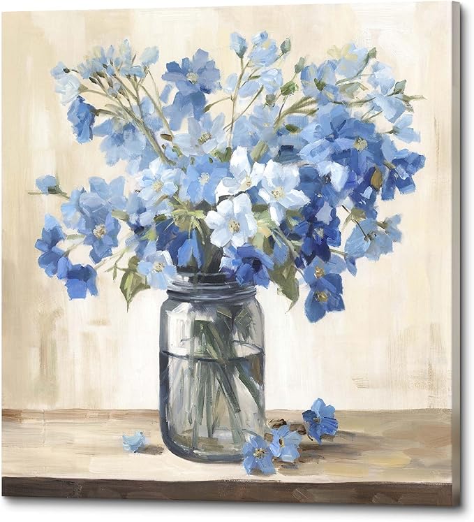 ArtSquare Blue Floral Canvas Wall Art - Tranquil Vase Flowers Painting Nature Scenery Artwork Blossom Prints for Bedroom Bathroom Decor 12x12 Inch