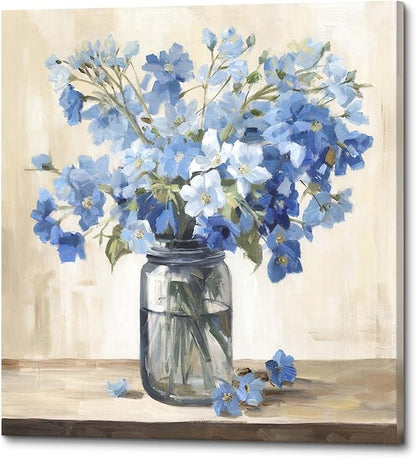ArtSquare Blue Floral Canvas Wall Art - Tranquil Vase Flowers Painting Nature Scenery Artwork Blossom Prints for Bedroom Bathroom Decor 12x12 Inch