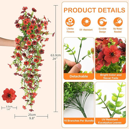 Fake Artificial Hanging Flowers for Outdoors, 2 Pcs Fake Hanging Plant Spring Summer Decor, UV Resistant No Fade Faux Silk Daisy Flower for Front Door Porch Planter Patio Yard Garden(Red Brown)