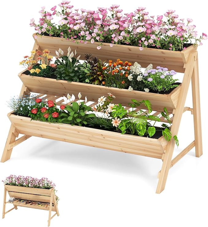 3-Tier Raised Garden Bed, Vertical Garden Planter w/Storage Shelf, Bed Liner & 2 Side Hooks, Wood Elevated Planter Box Outdoor for Plants Vegetables Flowers Herbs,Natural
