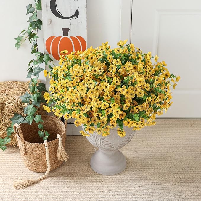 mizii Artificial Flowers for Outdoors 20 Bundles Realistic Faux Silk Flower UV Resistant Fake Plants Outside Decorations for Patio Garden Balcony Yard Porch Summer Indoor Home Decor (Yellow)