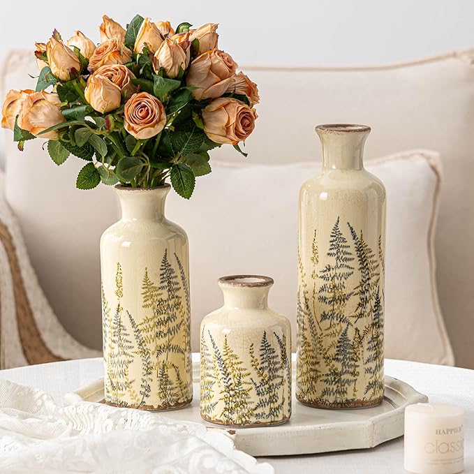 Ceramic Vase Set of 3, Vintage Green Floral Beige Vases, Rustic Chinoiserie Decorative Vases for Home Decor, Living Room, Kitchen, Wedding Gifts, Shelf Decor, Farmhouse Ceramic Vases for Home Decor