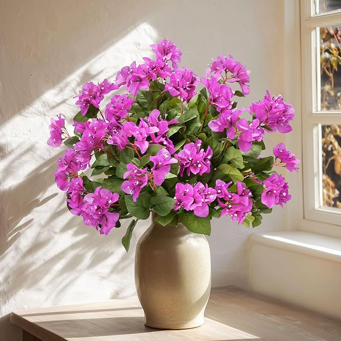 4 Pcs Artificial Flowers Bougainvillea Outdoor Artificial Plants Faux Flowers with Stems Silk Flowers for Wedding Porch Living Garden Decor Without Vase (4PCS,Light Purple)